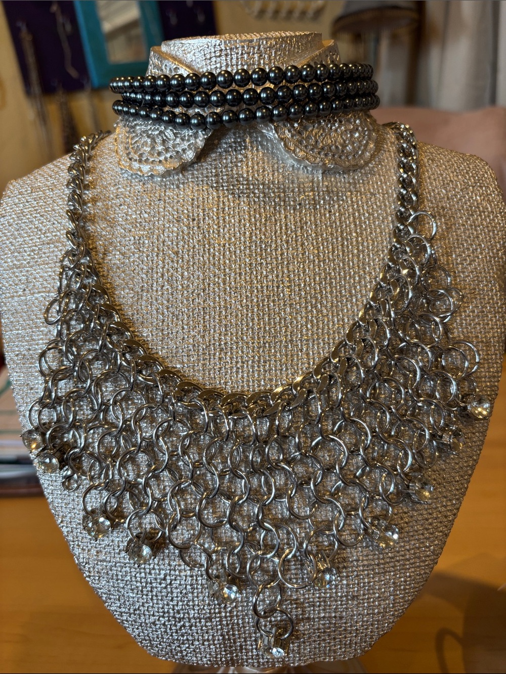 Silver Chainmail Bib Necklace with Hematite Bead Choker